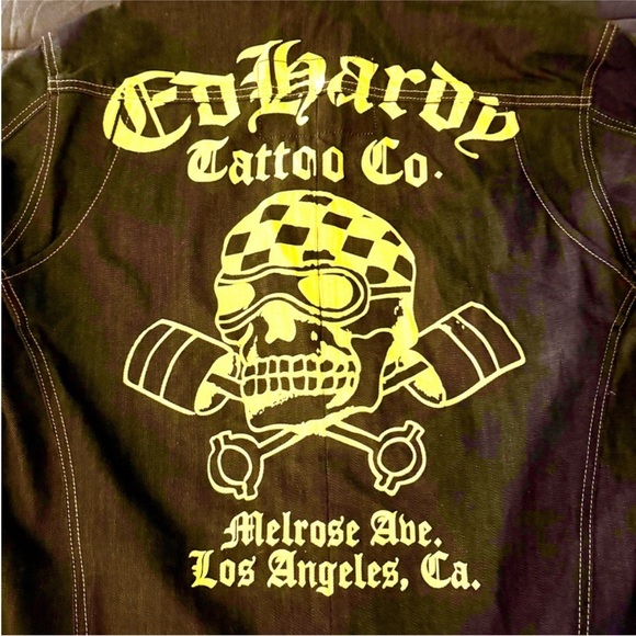 Ed Hardy Black Jacket with Vibrant Yellow Tattoo Inspired Skull Design NWT - Picture 6 of 10